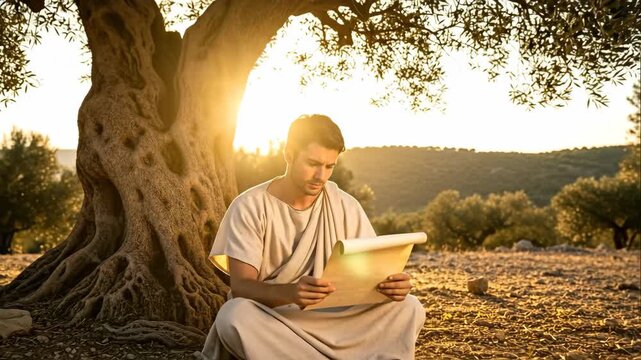 Young man in ancient robe reading a scroll under an olive tree, thoughtful reflection on historical literature, video