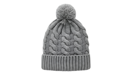 Gray knitted beanie with pom-pom on black background