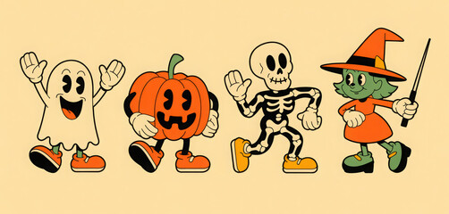 Cartoon Halloween characters including a ghost pumpkin skeleton and witch in a retro style perfect for holiday designs