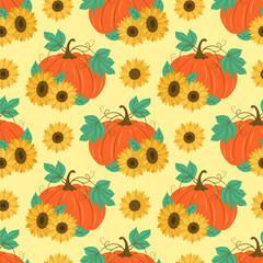 Seamless pattern with pumpkins and sunflowers. Suitable for printing on fabric or paper.
