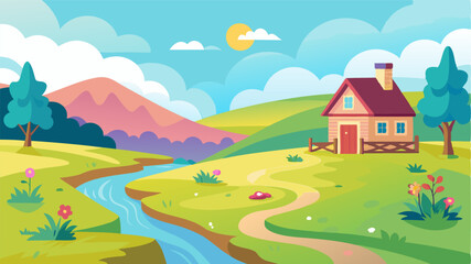 Fototapeta premium A peaceful countryside setting with a charming farmhouse overlooking a babbling brook and fields of wildflowers.