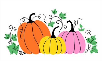 Colorful autumn pumpkins with leaves. Harvest design for a card or poster.