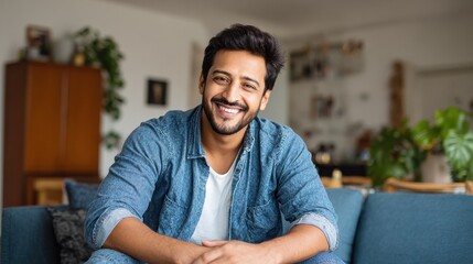 portrait of happy mid adult man sitting on sofa at home handsome latin man in casual relaxing on couch and smiling cheerful indian guy looking at camera  no logos no brands ar 169