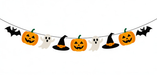 Halloween banner with pumpkins ghosts bats and witch hats festive decoration for holiday events and parties isolated on white