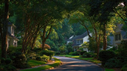 Fototapeta premium Residential street lined with trees and houses under sunlight