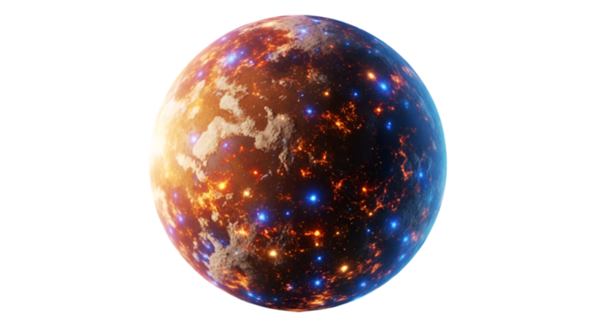 Fiery Alien Planet with Glowing Blue and Orange Lights