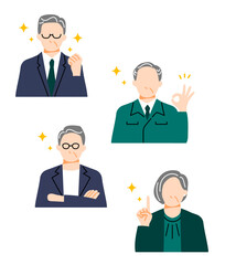 喜ぶポジティブな表情のシニア世代ビジネスマンのイラスト。フラットデザイン。