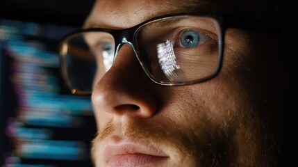 focused developer coder wears glasses working on computer looking at programming code data cyber security digital tech reflecting in spectacles developing software program focus on eye close up view 
