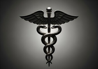 Metallic Caduceus Symbol with Winged Staff and Twin Serpents — Classical Emblem of Hermes Against Gradient Background