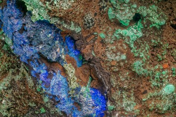 Macro azurite, malachite and limonite from Kamenushinskoe deposit, Russia— vibrant minerals with green-blue palette. Ideal for collections, geology and scientific research