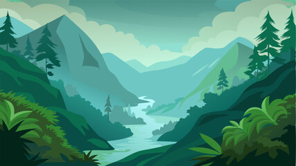 A misty valley blanketed in rich foliage the sound of a rushing river echoing through the trees.