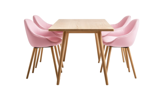 Table with pink chairs set against a white background