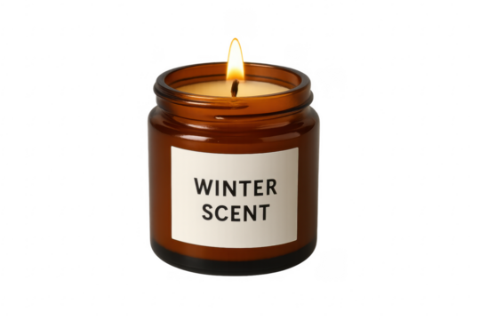 Burning winter scent candle in brown jar