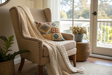 A warm and inviting corner setup featuring a comfortable sofa with soft knitted blanket, and decorative pillow with natural light , comfort and lifestyle concepts 
