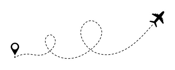 Dash line air plane route, airplane flight path doodle icon. Dotted map route for travel and journey. Vector illustration isolated on white background