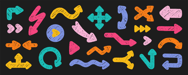Chalk pencil arrows doodle set. Charcoal childish scribble direction pointers in sketch style. Crayon and Grunge texture. Hand drawn vector illustration isolated on black background