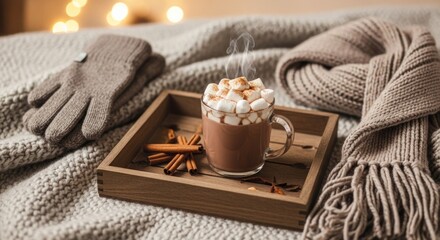 Fototapeta premium Steaming cocoa with marshmallows and cinnamon on wooden tray