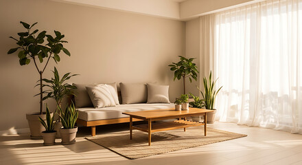 Minimal living room with beige tones, wooden furniture and indoor plants, sunlight through sheer curtains