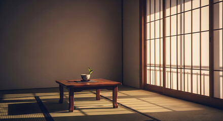 Sunlight filtering through paper screen, warm and minimal Japanese aesthetic