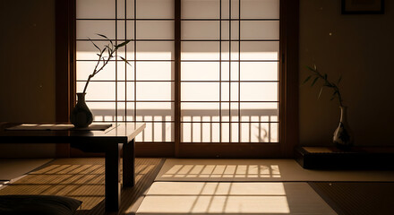 Sunlight filtering through paper screen, warm and minimal Japanese aesthetic