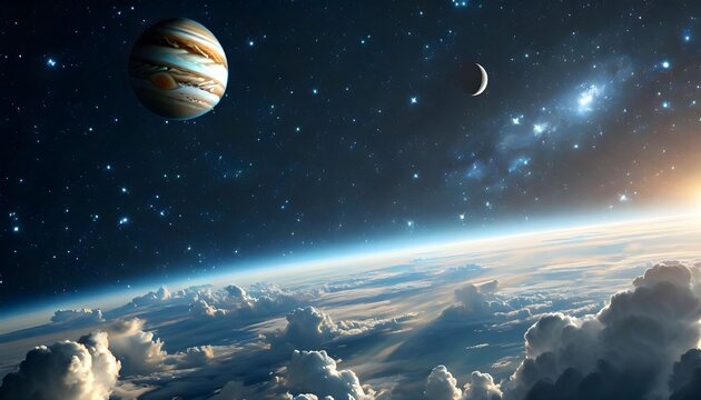 A breathtaking view of Jupiter and its moon from orbit above a cloud-covered planet, with stars and a distant sun illuminating the scene. - Powered by Adobe