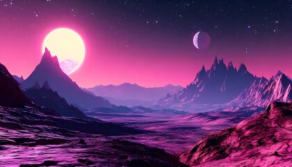 A surreal alien landscape bathed in the vibrant pink and purple hues of a binary sunset, with jagged mountains and a desolate, rocky terrain.