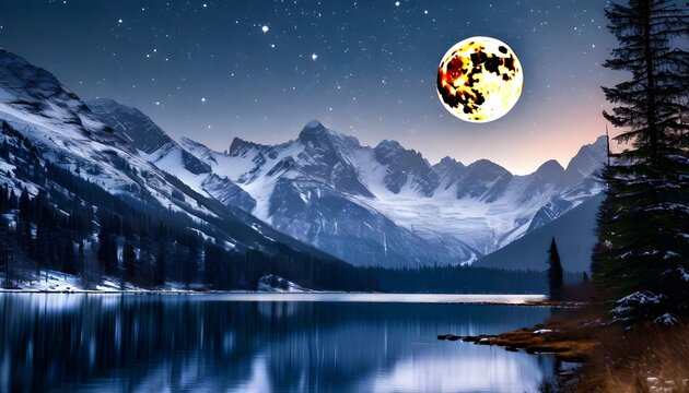 A surreal, glowing full moon hangs in a starry night sky over snow-capped mountains and a tranquil lake. - Powered by Adobe