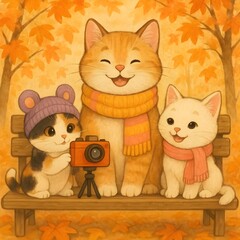 Three adorable cats sitting together on a wooden bench outdoors during autumn, surrounded by warm orange maple leaves