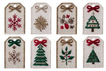 Set of embroidered Christmas gift tags featuring snowflakes and trees perfect for holiday crafts and decorations