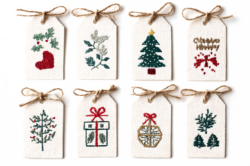 Set of Christmas gift tags with festive embroidery featuring a minimalist and rustic style perfect for holiday crafts and decorations