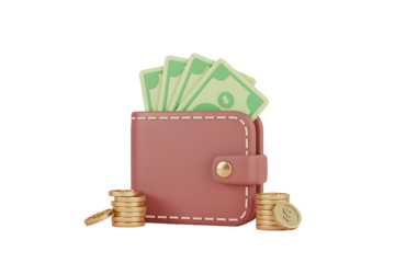 Leather wallet filled with cash and stacked gold coins