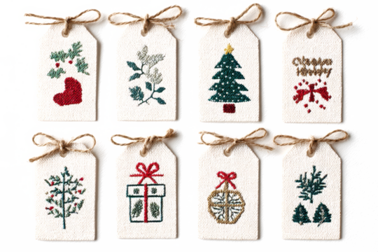 Set of Christmas gift tags with festive embroidery featuring a minimalist and rustic style perfect for holiday crafts and decorations