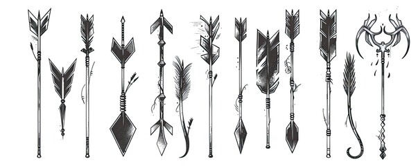 Assorted Arrows Isolated on White Background Hunting, Fantasy, Design Element