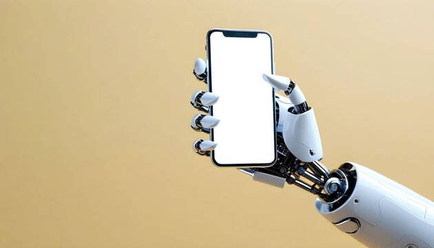 A futuristic robotic arm and hand holding a modern smartphone with a blank white screen for mockup purposes.