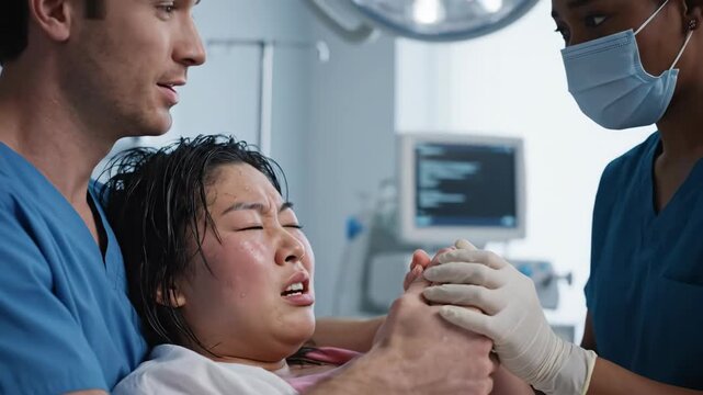 An Asian woman in labor experiences a painful contraction during childbirth in a hospital while her supportive partner and a nurse hold her hands for comfort.