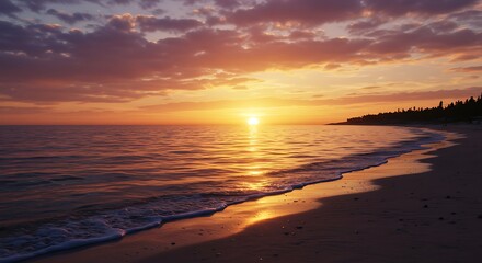 Obraz premium Sunset over calm ocean beach