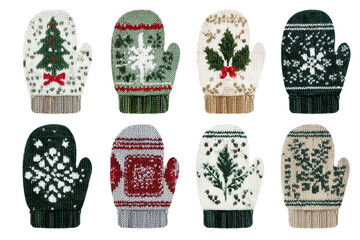 Set of knitted Christmas mittens featuring festive holiday patterns vector illustration for winter season designs