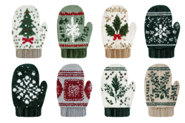 Set of knitted Christmas mittens featuring festive holiday patterns vector illustration for winter season designs
