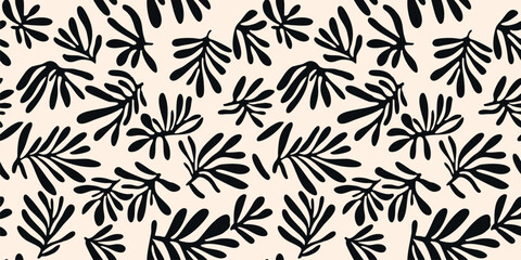 Vector seamless pattern with organic jungle leaves. Abstract botanical background with black tropical foliage, plants, branches. Natural texture. White and black repeating decorative design for fabric