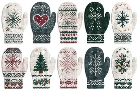 Set of knitted mittens with winter patterns cozy and festive vector illustration for holiday designs isolated on white background