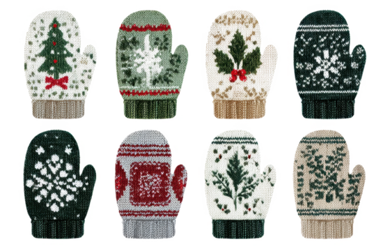 Set of knitted Christmas mittens featuring festive holiday patterns vector illustration for winter season designs