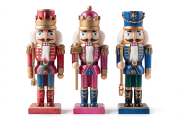 Three colorful nutcrackers stand side by side festive holiday decorations perfect for Christmas themes and seasonal designs