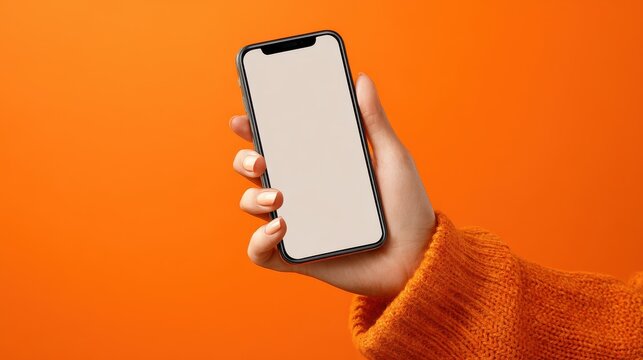 close up of woman hand using smartphone isolated on orange wall female hands showing empty white screen of modern smart phone businesswoman holding cellphone and unlocks it with her fingerprint no lo