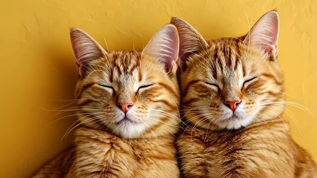Double the Delight: Two adorable ginger cats, basking in contentment with their eyes closed, share a moment of tranquility. The warm, golden backdrop enhances their serene expressions.