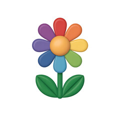 Bright rainbow colored flower with green leaves on black background