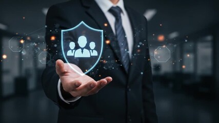 Professional businessman presenting team protection concept with digital shield and network connection in motion - Powered by Adobe