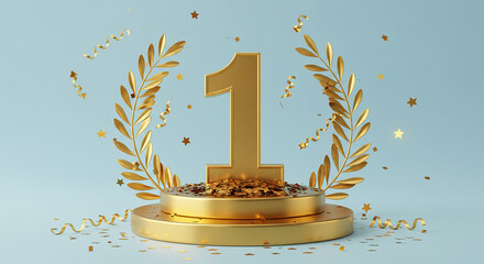 Golden Number One on a Podium with Laurel Wreath.