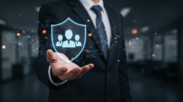 Professional businessman presenting team protection concept with digital shield and network connection in motion - Powered by Adobe