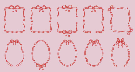 Coquette boarders with bows and ribbons in sketch style. Hand drawn whimsical wedding frame doodle set.  Vintage vector illustration for Valentine’s Day, wedding invitations.