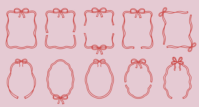 Coquette boarders with bows and ribbons in sketch style. Hand drawn whimsical wedding frame doodle set.  Vintage vector illustration for Valentine’s Day, wedding invitations.